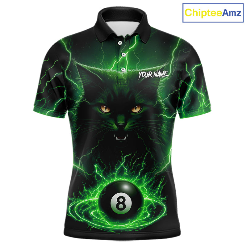 Green 8 Ball Thunder Lightning Cat Billiard Shirt For Men Custom Pool Team Jersey Polo & 1/4 Zip TDM5696