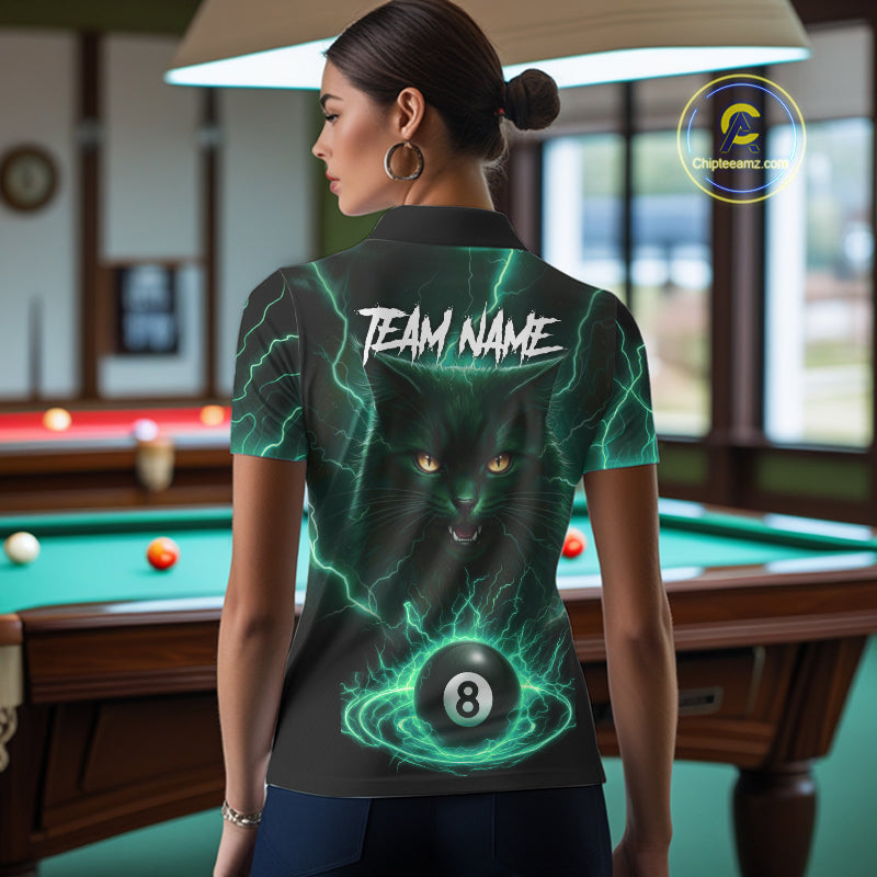 Turquoise 8 Ball Lightning Cat Billiard Shirt For Women Custom Pool Team Jersey Polo & 1/4 Zip TDM5697