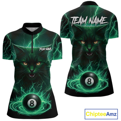 Turquoise 8 Ball Lightning Cat Billiard Shirt For Women Custom Pool Team Jersey Polo & 1/4 Zip TDM5697