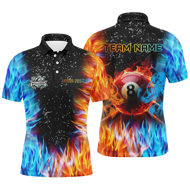 Personalized Billiard Fire And Water 3D Printed Men Polo Shirts, Grunge 8 Ball Pool Shirts For Team TDM1088