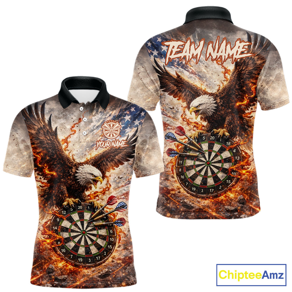 Personalized Grunge Fire Eagle Darts Shirt For Men, Patriotic Darts Jersey Team Polo & 1/4 Zip TDM5911