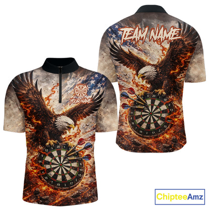 Personalized Grunge Fire Eagle Darts Shirt For Men, Patriotic Darts Jersey Team Polo & 1/4 Zip TDM5911