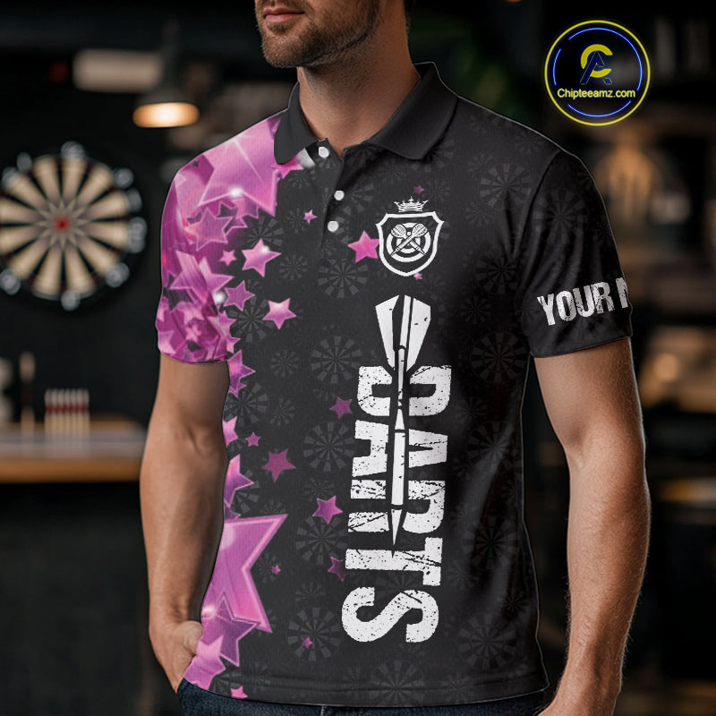 Pink And Black Custom Star Dart Shirts For Men, Glowing Dart Jerseys Funny Darts Team Shirts TDM3884
