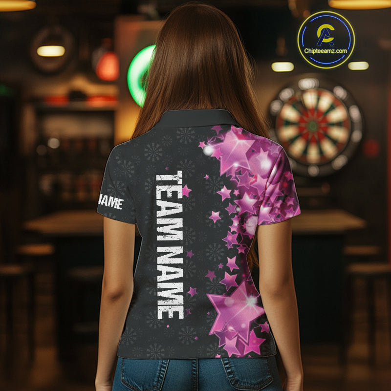Pink And Black Custom Star Dart Shirts For Women, Glowing Dart Jerseys Funny Darts Team Shirts TDM3884