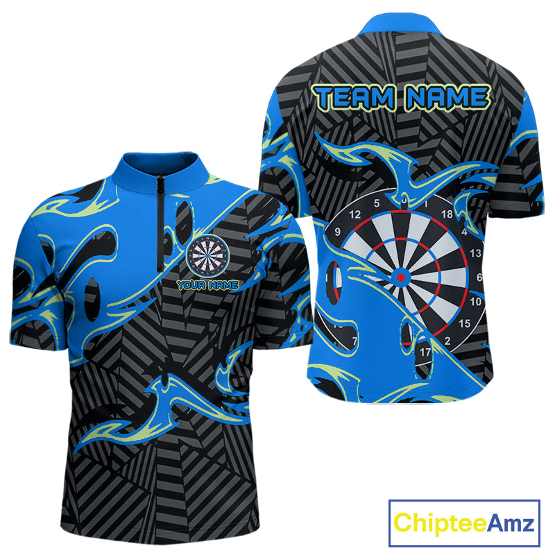 Custom Black And Blue Tribal Flame Dart Shirts For Men, Darts Team Jerseys Polo & Quarter Zip TDM3970