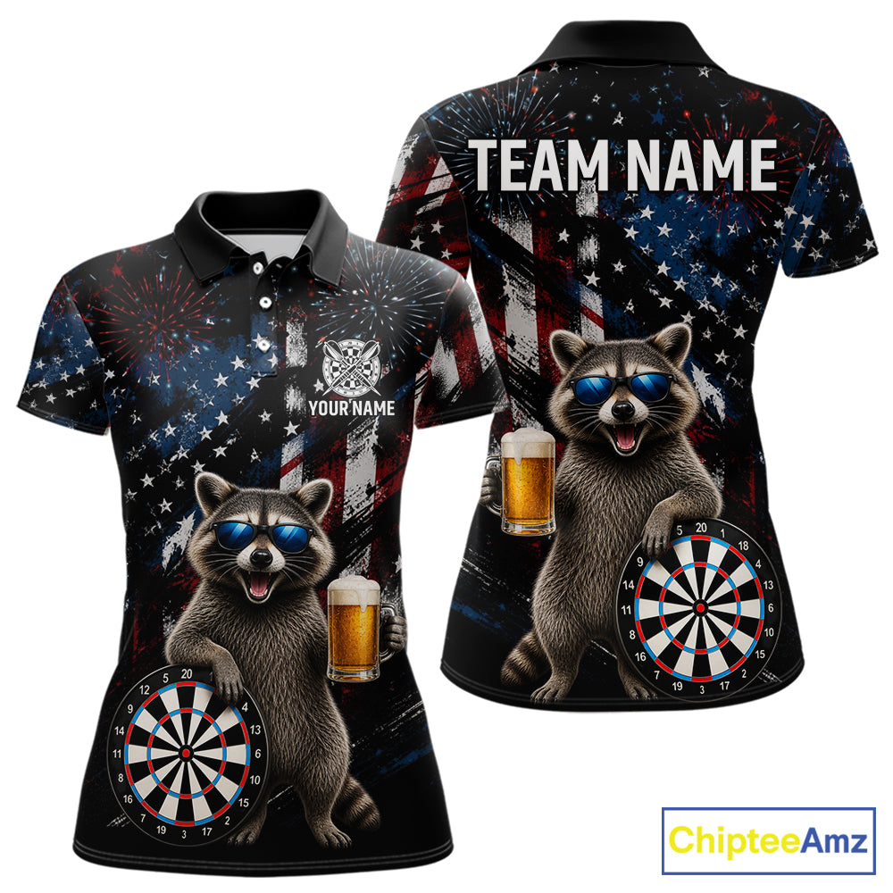 Funny Raccoon Grunge American Flag Darts Shirt For Women Custom Darts Jersey Team Polo & 1/4 Zip TDM6483