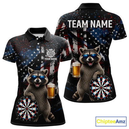 Funny Raccoon Grunge American Flag Darts Shirt For Women Custom Darts Jersey Team Polo & 1/4 Zip TDM6483