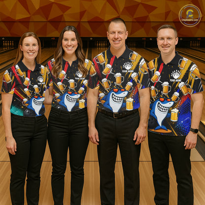 Colorful Graffiti Funny Shark And Beer Bowling Polo, 1/4 Zip For Women Custom Bowling Team Jersey TDM6488