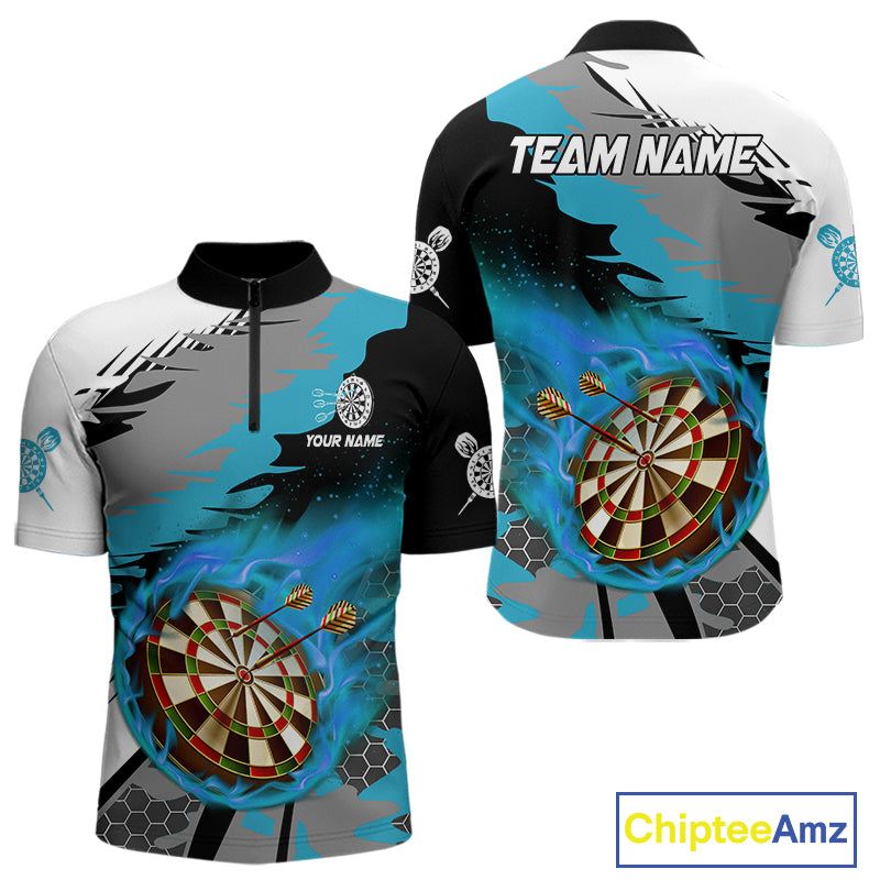 Blue Dartboard Fire Flame Paint Splash Dart Shirt Polo & 1/4 Zip For Men Custom Dart Team Jersey TDM4174