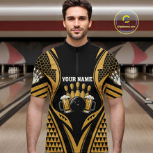 Load image into Gallery viewer, Man Wearing Black And Gold Tribal Beer Bowling Quarter Zip Shirt Front View Custom Bowling Jersey
