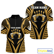 Load image into Gallery viewer, Black And Gold Tribal Beer Bowling Quarter Zip Shirt For Men Custom Bowling Team Jersey