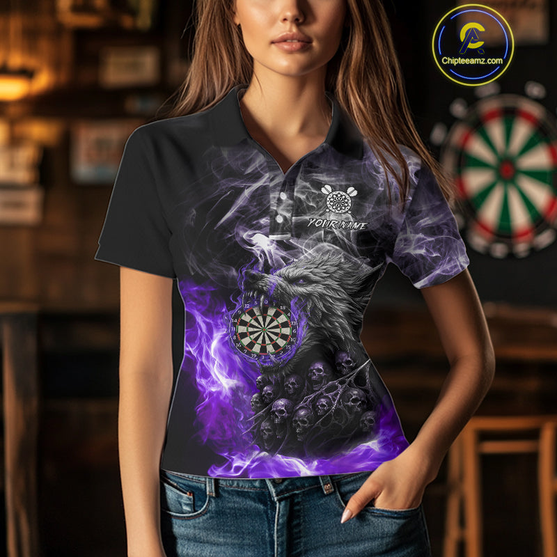 Personalized Wolf And Skull Smoke Purple Womens Dart Shirts Custom Dart Jerseys Team Polo & 1/4 Zip TDM5184