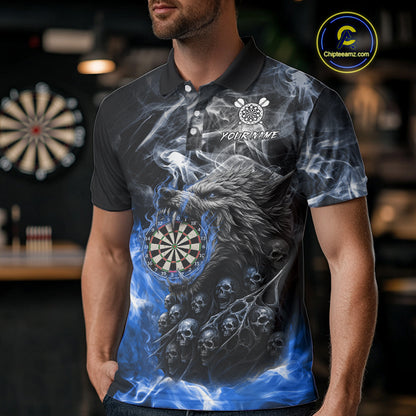 Personalized Wolf And Skull Smoke Blue Mens Dart Shirts Custom Dart Jerseys Team Polo & 1/4 Zip TDM5186