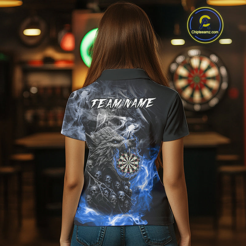 Personalized Wolf And Skull Smoke Blue Womens Dart Shirts Custom Dart Jerseys Team Polo & 1/4 Zip TDM5186