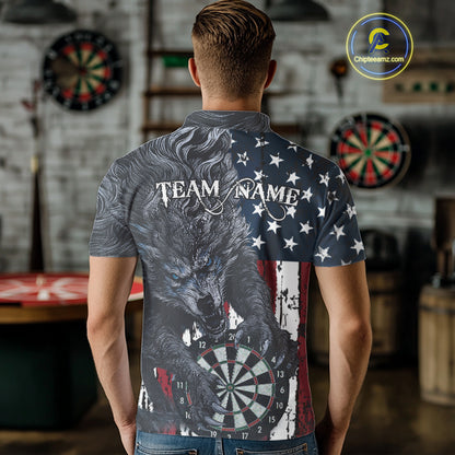 Personalized Grunge American Flag Wolf Darts Shirt For Men, Patriotic Dart Team Jerseys TDM5187
