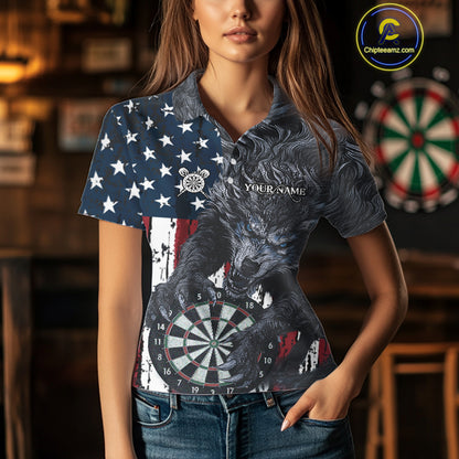 Personalized Grunge American Flag Wolf Darts Shirt For Women, Patriotic Dart Team Jerseys TDM5187