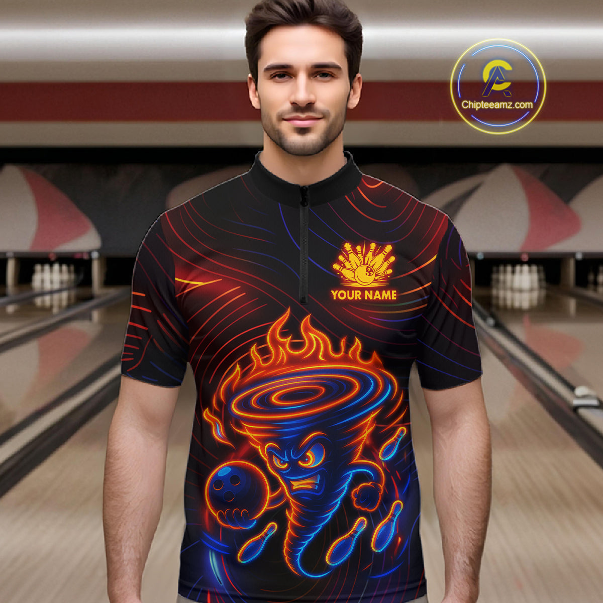 Funny Neon Tornado Flame Bowling Jersey For Men Custom Bowling Shirt Team Polo & Quarter Zip TDM5447