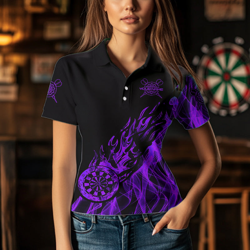 Black And Purple Dartboard Fire Flame Darts Polo, Quarter Zip Custom Dart Shirt For Women Dart Jersey TDM3409