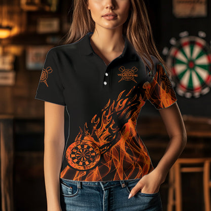 Black And Orange Dartboard Fire Flame Darts Polo, Quarter Zip Custom Dart Shirt For Women Dart Jersey TDM3410