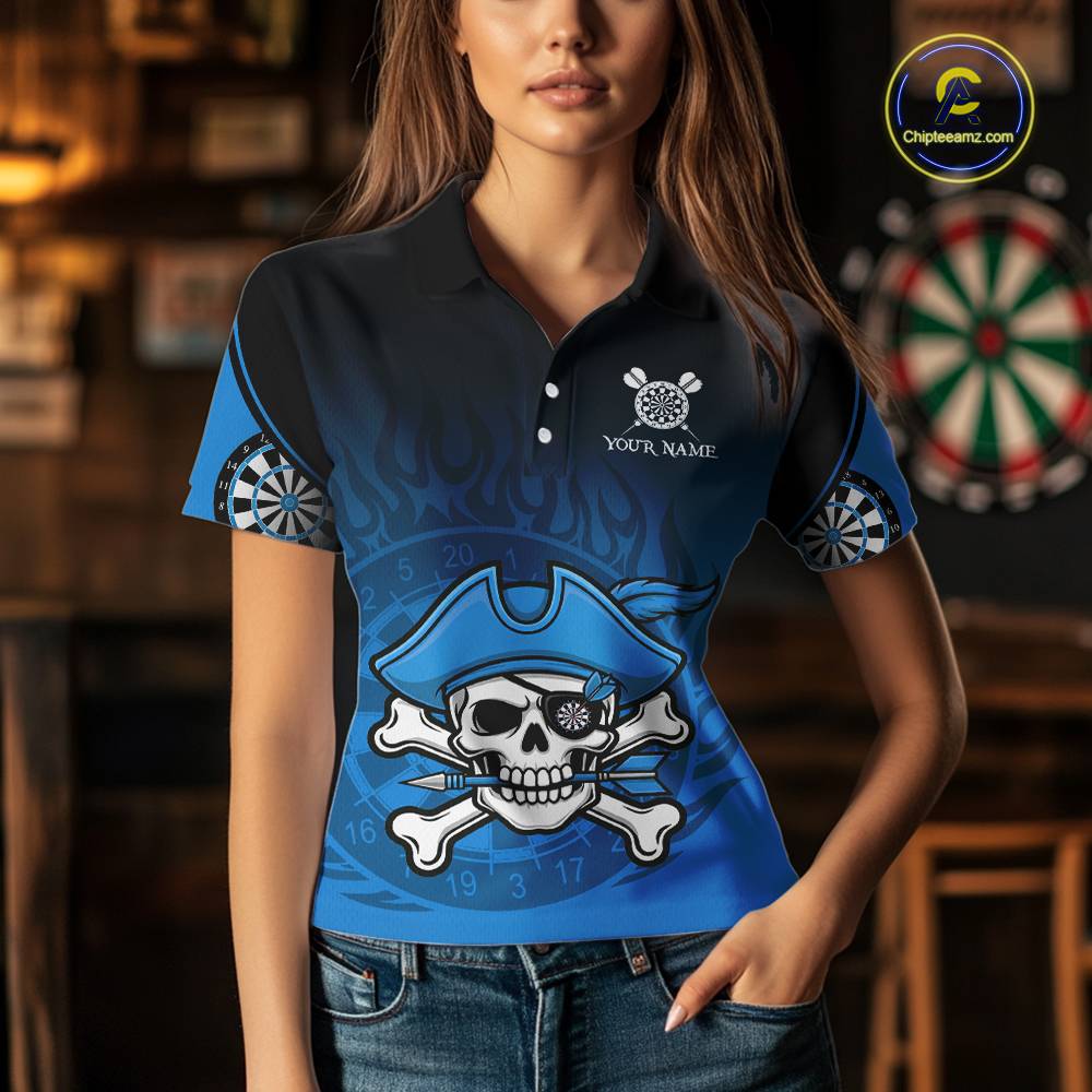 Black And Blue Funny Pirate Flame Skull Darts Shirt For Women Custom Dart Jersey Team Polo, 1/4 Zip TDM5703