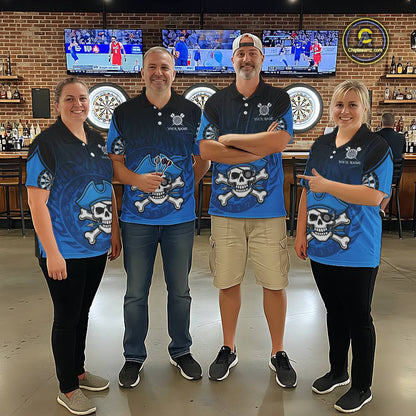 Black And Blue Funny Pirate Flame Skull Darts Shirt For Men Custom Dart Jersey Team Polo, 1/4 Zip TDM5703