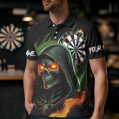 Personalized Green Grim Reaper Fire Dart Shirts For Men Custom Skull Dart Jersey Polo & 1/4 Zip TDM3711