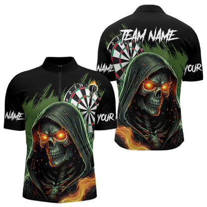 Personalized Green Grim Reaper Fire Dart Shirts For Men Custom Skull Dart Jersey Polo & 1/4 Zip TDM3711