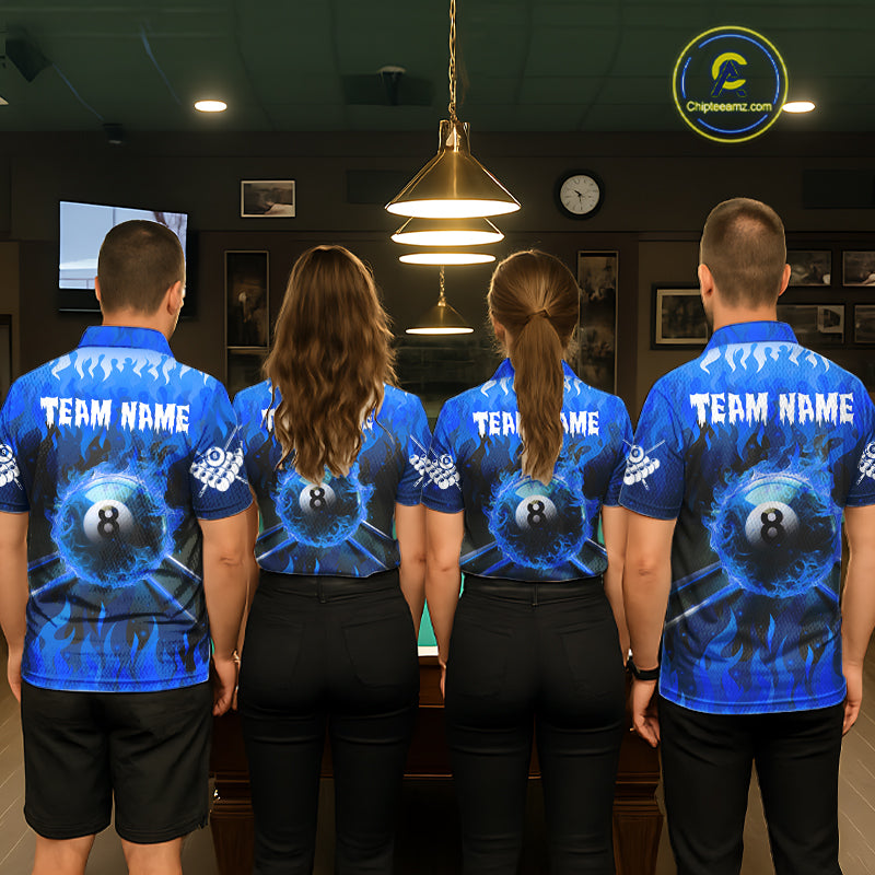 Personalized Blue 8 Ball Fire Flame Billiard Shirt For Men, Pool Team Jersey Polo & 1/4 Zip TDM1434