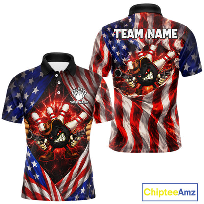 Glowing American Flag Funny Bowling Shirt For Men Custom Patriotic Bowling Jersey Polo & 1/4 Zip TDM6319