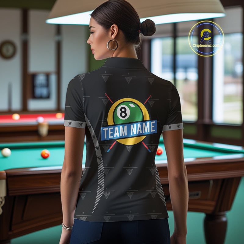 Custom Black Billiard Jerseys Polo & Quarter Zip For Women, 8 Ball Pool Billiard Team Shirts TDM3979