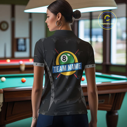 Custom Black Billiard Jerseys Polo & Quarter Zip For Women, 8 Ball Pool Billiard Team Shirts TDM3979