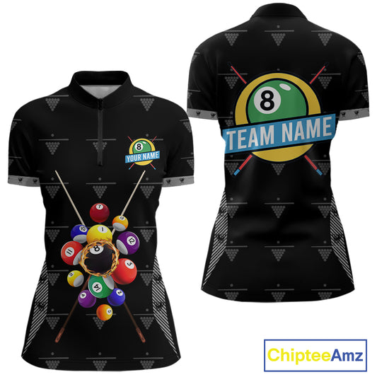 Custom Black Billiard Jerseys Polo & Quarter Zip For Women, 8 Ball Pool Billiard Team Shirts TDM3979