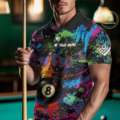 Funny 8 Ball Crown Colorful Paint Splash Custom Billiard Shirt For Men, Billiard Team Jerseys TDM3982