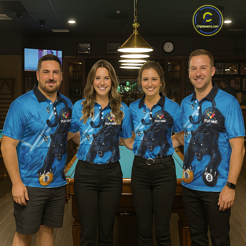 Custom Blue 8 Ball & 9 Ball Panther Billiard Shirt For Women, Billiard Team Jersey Polo & 1/4 Zip TDM6494