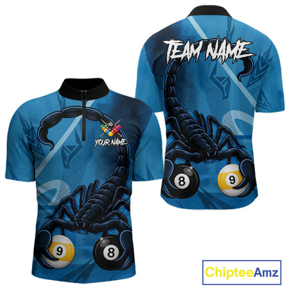 Custom Blue 8 Ball & 9 Ball Scorpion Billiard Shirt For Men, Billiard Team Jersey Polo & 1/4 Zip TDM6495