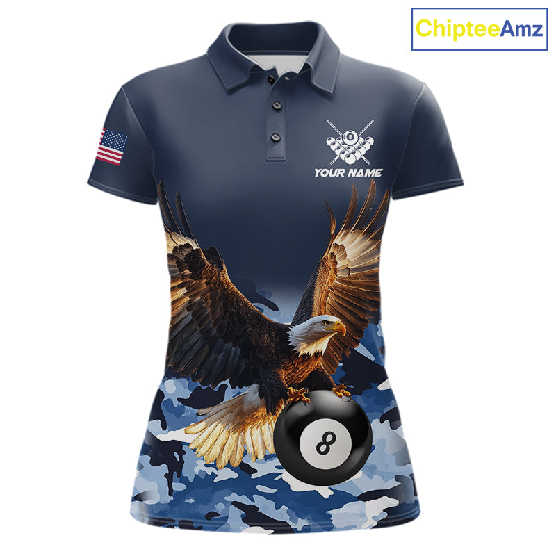 Blue camo eagle 8 ball billiard pool team jersey polo shirt for women featuring blue camouflage artwork with a detailed eagle design, premium custom billiard league apparel for tournaments and league competition.