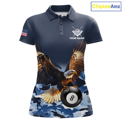 Blue camo eagle 8 ball billiard pool team jersey polo shirt for women featuring blue camouflage artwork with a detailed eagle design, premium custom billiard league apparel for tournaments and league competition.