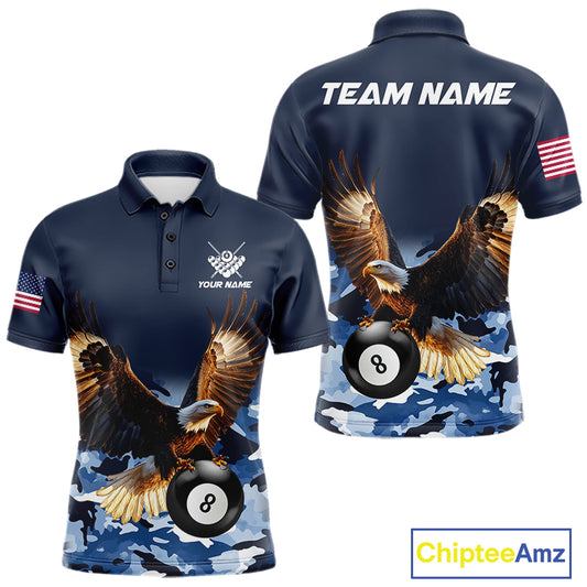 Blue camo eagle 8 ball billiard pool team jersey polo shirt for men featuring blue camouflage artwork with a detailed eagle design, premium custom billiard league apparel for tournaments and league competition.