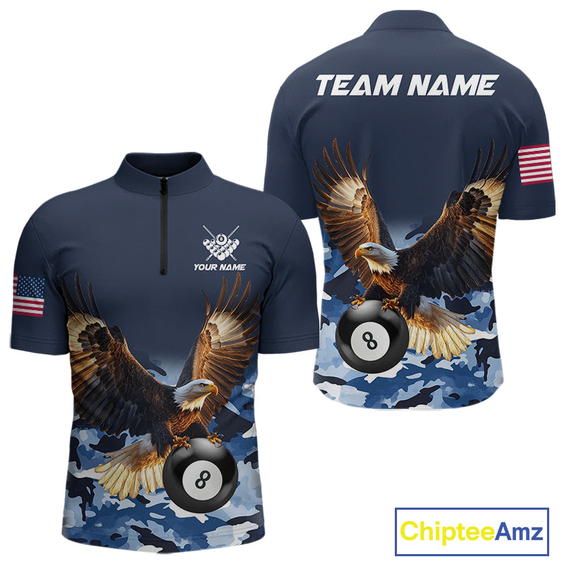 Blue camo eagle 8 ball billiard pool team jersey quarter zip shirt for men featuring premium blue camouflage eagle artwork for competitive billiard players.
