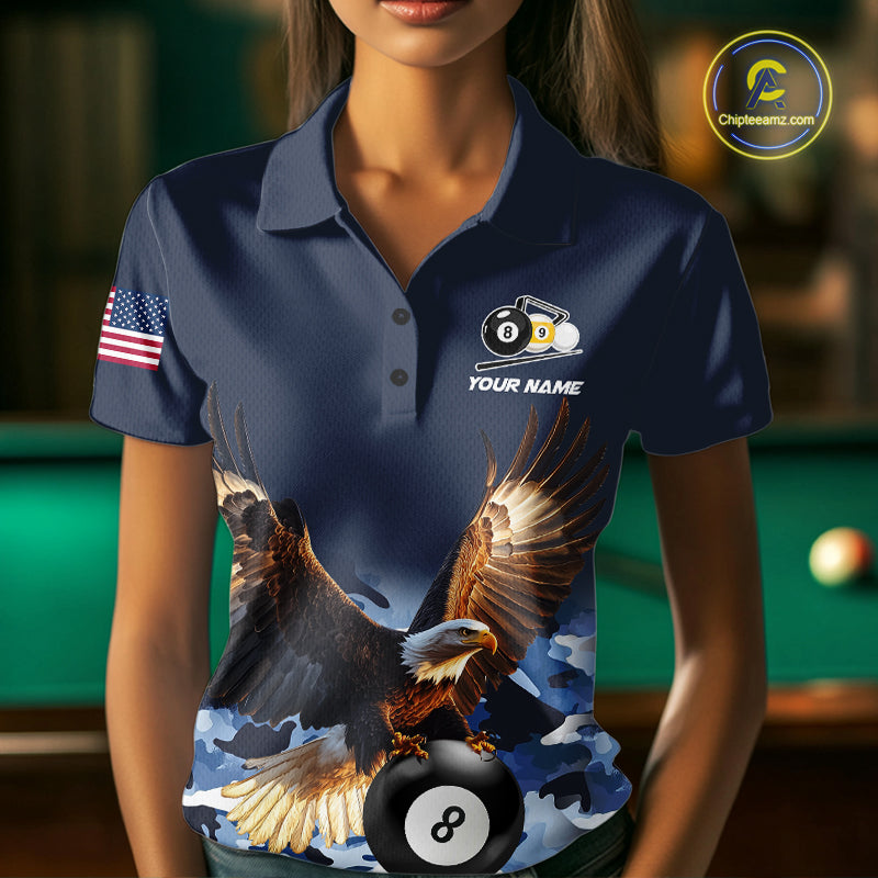 Woman wearing blue camo eagle 8 ball and 9 ball pool billiard team jersey polo shirt featuring blue camouflage eagle artwork, front view.