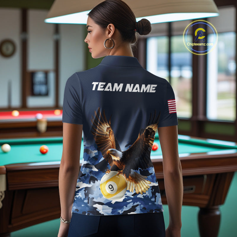 Woman wearing blue camo eagle 8 ball and 9 ball pool billiard team jersey polo shirt featuring blue camouflage eagle artwork, back view.
