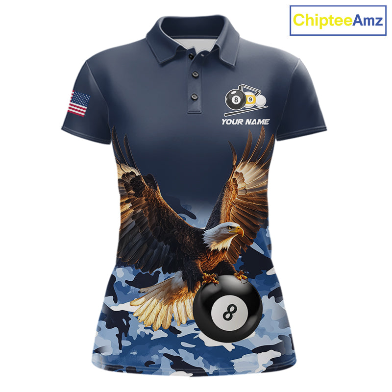 Blue camo eagle 8 ball and 9 ball pool billiard team jersey polo shirt for women featuring blue camouflage artwork with a powerful eagle, premium custom pool league apparel for tournaments and team competition.
