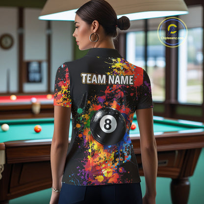 Colorful Billiard Jersey Polo & 1/4 Zip For Women Custom Funny 8 Ball Pool Billiard Team Jersey TDM4575