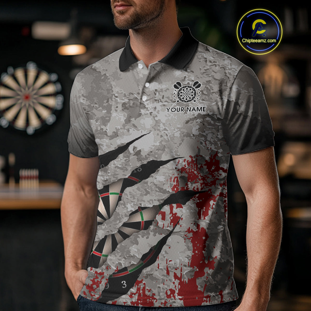 Custom Red And Grey Grunge Darts Shirt For Men, Personalized Darts Jersey Team Polo & 1/4 Zip TDM4995