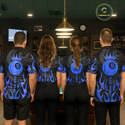 Custom Crown 8 Ball Billiard Shirt For Men, Black And Blue Pool Team Jersey Polo & Quarter Zip TDM5459