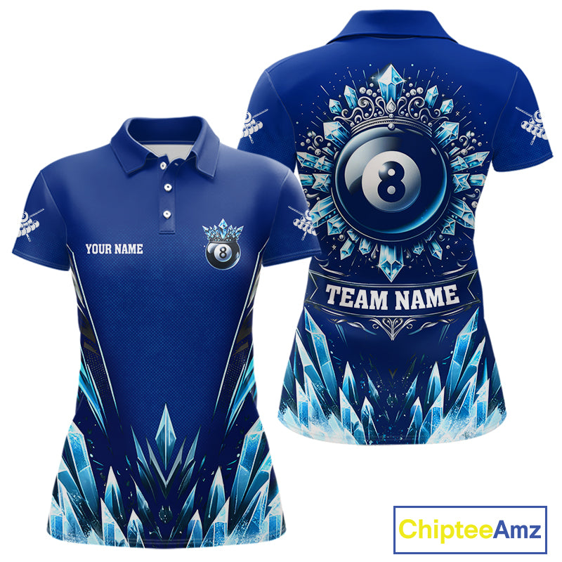 Blue 8 Ball Pool Icy Billiard Polo & 1/4 Zip For Women Custom Billiard League Team Jersey TDM5715