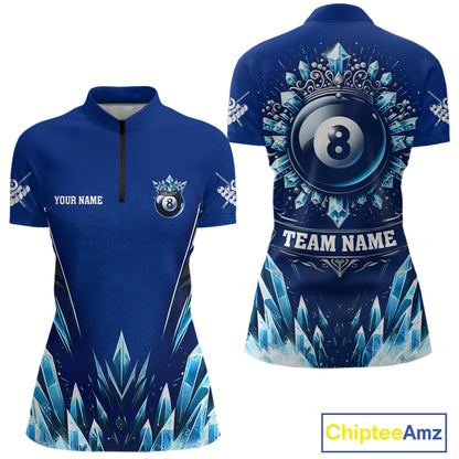 Blue 8 Ball Pool Icy Billiard Polo & 1/4 Zip For Women Custom Billiard League Team Jersey TDM5715