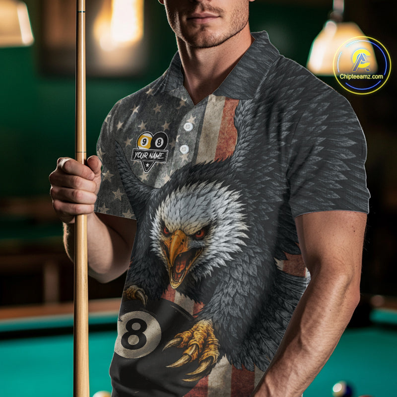 Personalized 8 Ball & 9 Ball Vintage American Flag Eagle Billiard Shirt For Men, Pool Team Jersey TDM5720