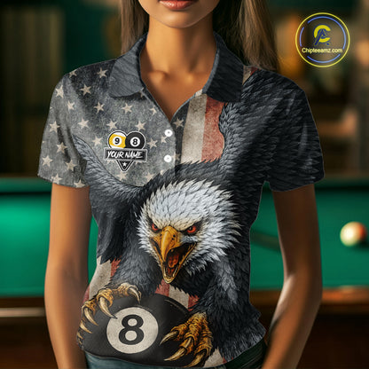 Personalized 8 Ball & 9 Ball Vintage American Flag Eagle Billiard Shirt For Women, Pool Team Jersey TDM5720