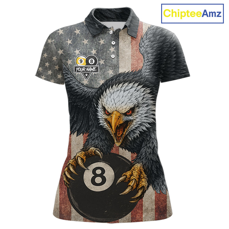 Personalized 8 Ball & 9 Ball Vintage American Flag Eagle Billiard Shirt For Women, Pool Team Jersey TDM5720